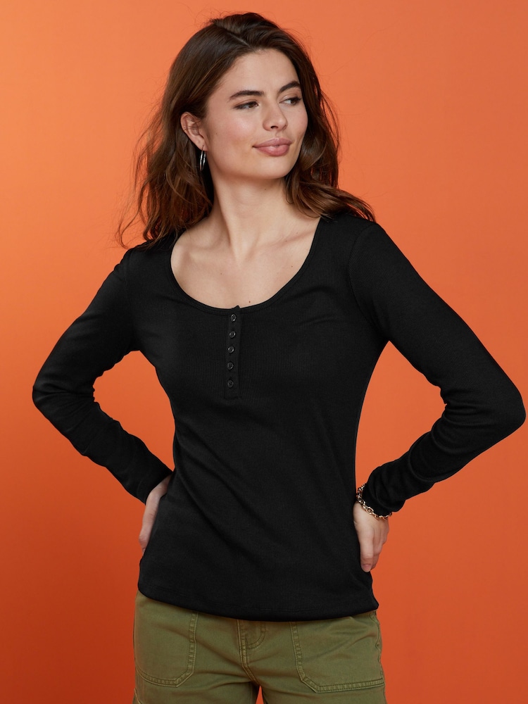 Black Ribbed Henley Long Sleeve Top - Image 1 of 5