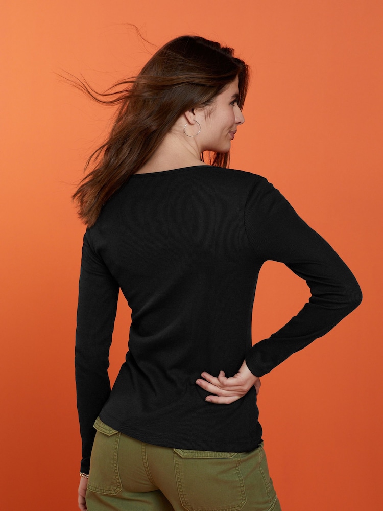 Black Ribbed Henley Long Sleeve Top - Image 2 of 5
