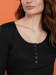 Black Ribbed Henley Long Sleeve Top - Image 4 of 5