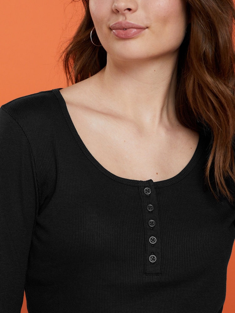 Black Ribbed Henley Long Sleeve Top - Image 4 of 5