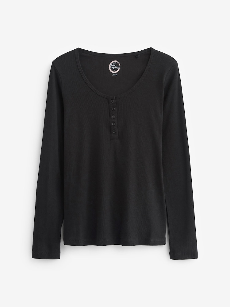 Black Ribbed Henley Long Sleeve Top - Image 5 of 5