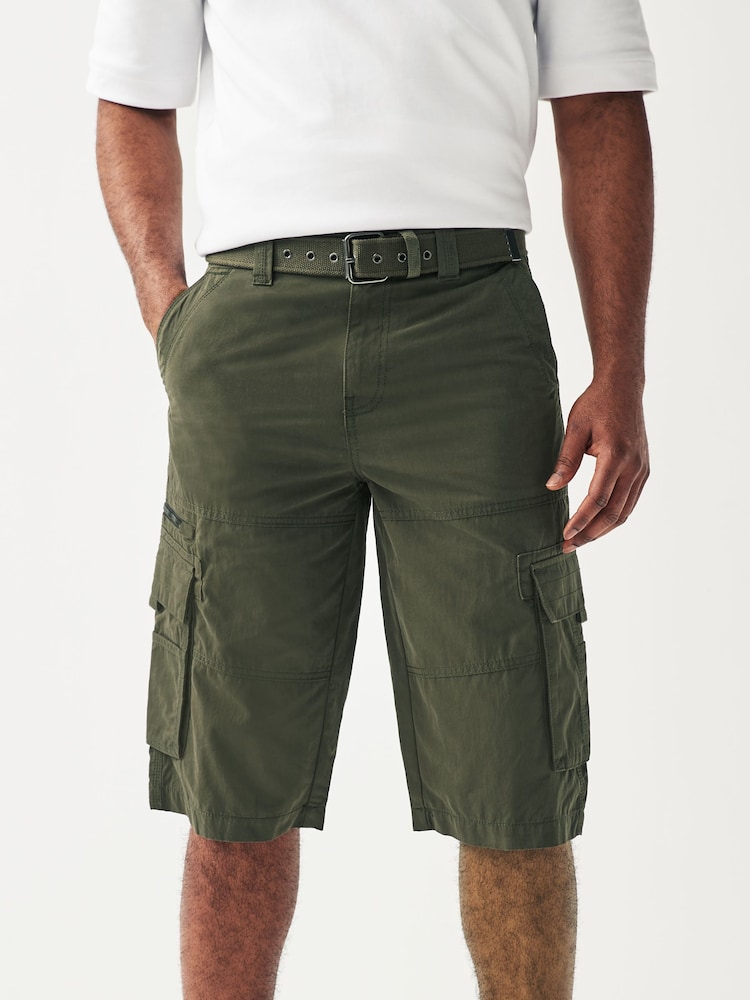 Khaki Green Long Length Belted Cargo Shorts - Image 1 of 8