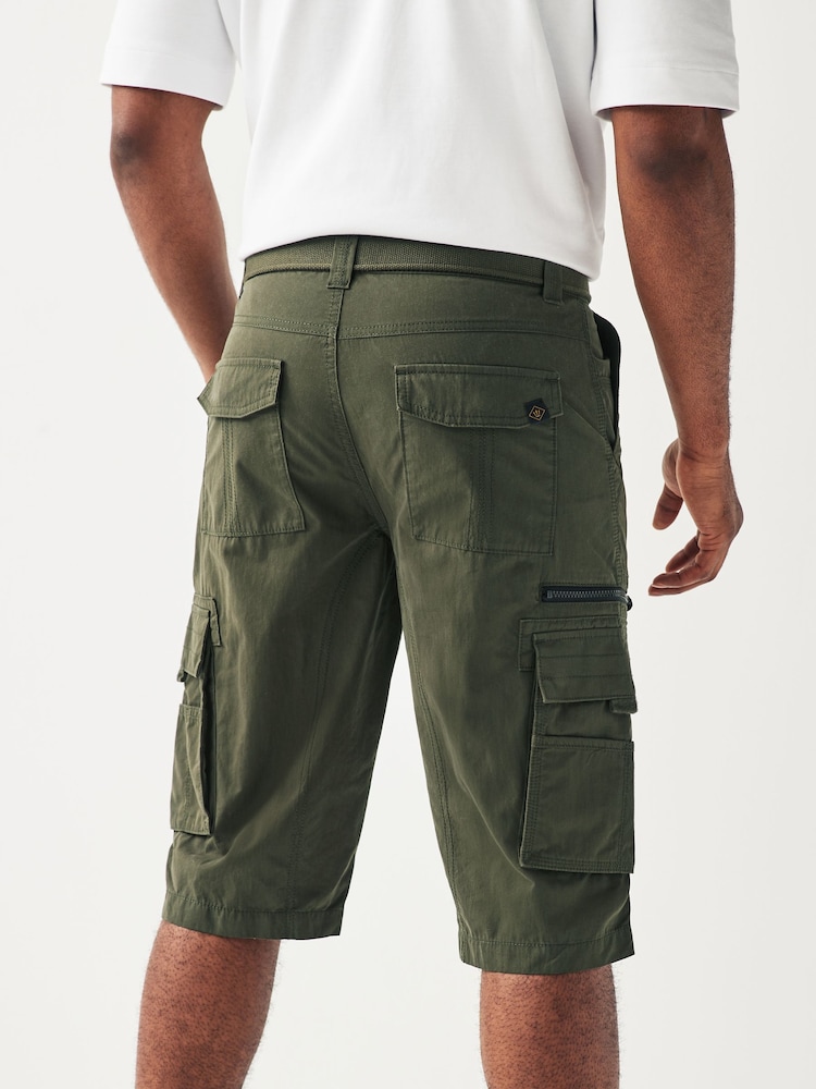 Khaki Green Long Length Belted Cargo Shorts - Image 2 of 8