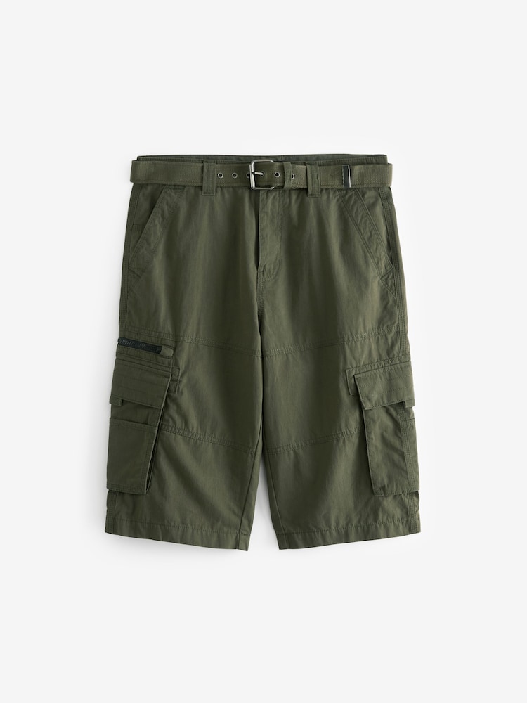 Khaki Green Long Length Belted Cargo Shorts - Image 5 of 8