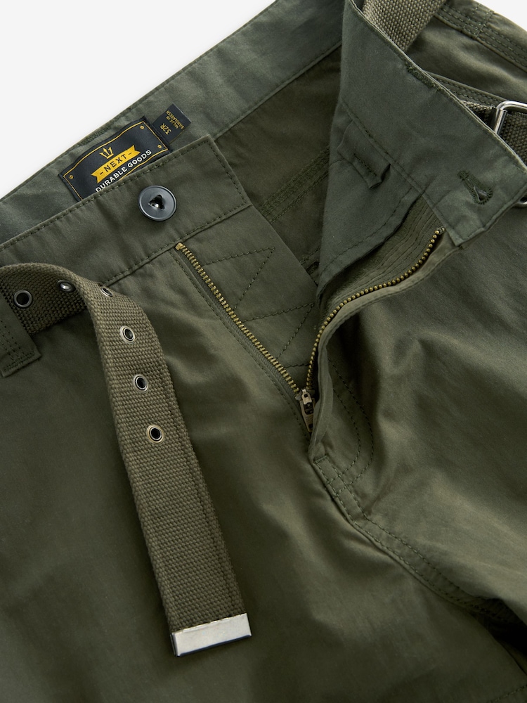 Khaki Green Long Length Belted Cargo Shorts - Image 6 of 8