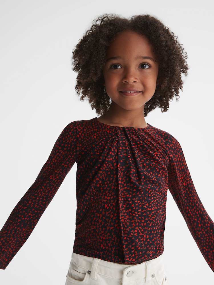 Reiss Black Print Gwen Junior Printed Twist Front Jersey Top - Image 1 of 5