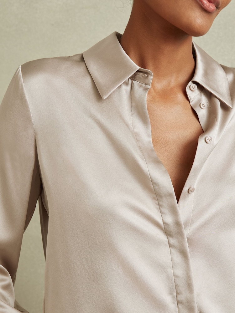 Reiss Champagne Hailey Petite Silk Double-Cuff Button-Through Shirt - Image 1 of 6