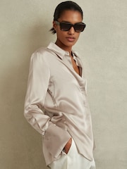 Reiss Champagne Hailey Petite Silk Double-Cuff Button-Through Shirt - Image 3 of 6