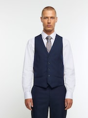 River Island Dark blue Skinny Fit Twill 100% Cotton Waistcoat - Image 1 of 5