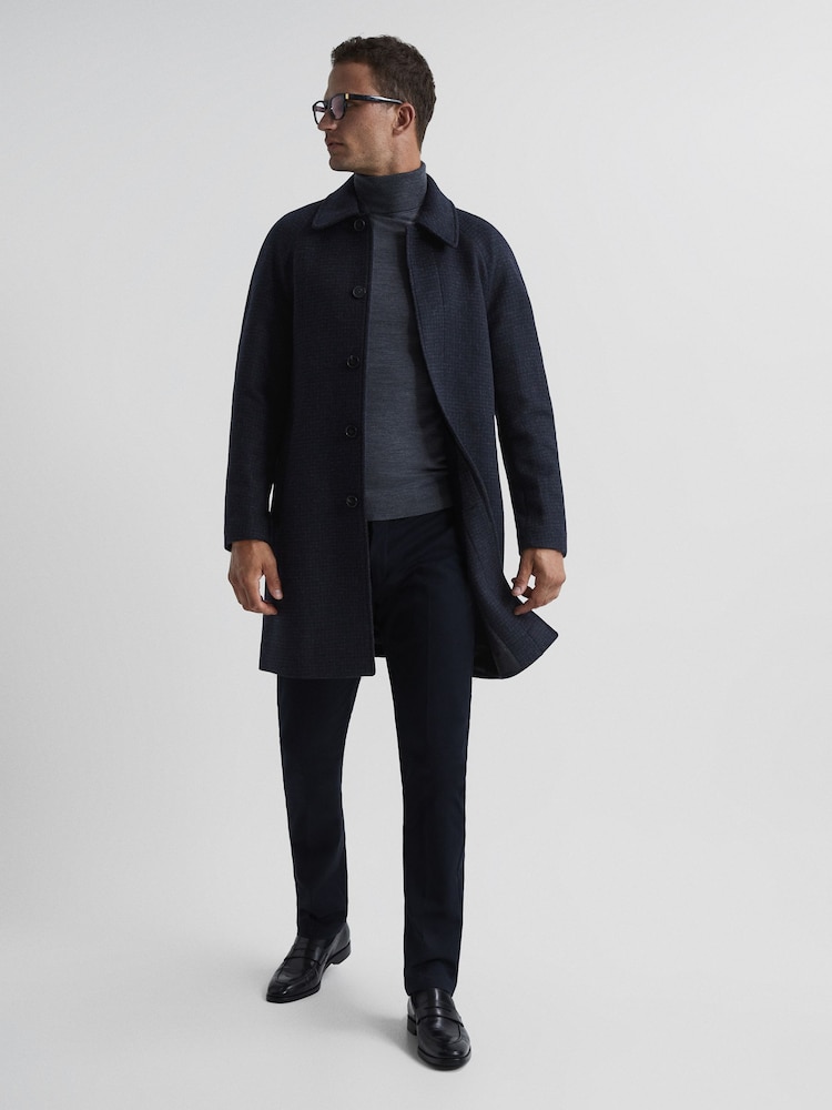 Reiss Navy Cast Brushed Dogtooth Wool Blend Overcoat - Image 1 of 6