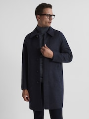 Reiss Navy Cast Brushed Dogtooth Wool Blend Overcoat - Image 3 of 6