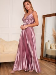 Chi Chi London Pink Satin Pleated Wrap Maxi Dress - Image 3 of 5