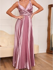 Chi Chi London Pink Satin Pleated Wrap Maxi Dress - Image 4 of 5
