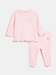 River Island Baby Girls 100% Cotton Pocket Long Sleeve Rib Set - Imaginea 1 din 4