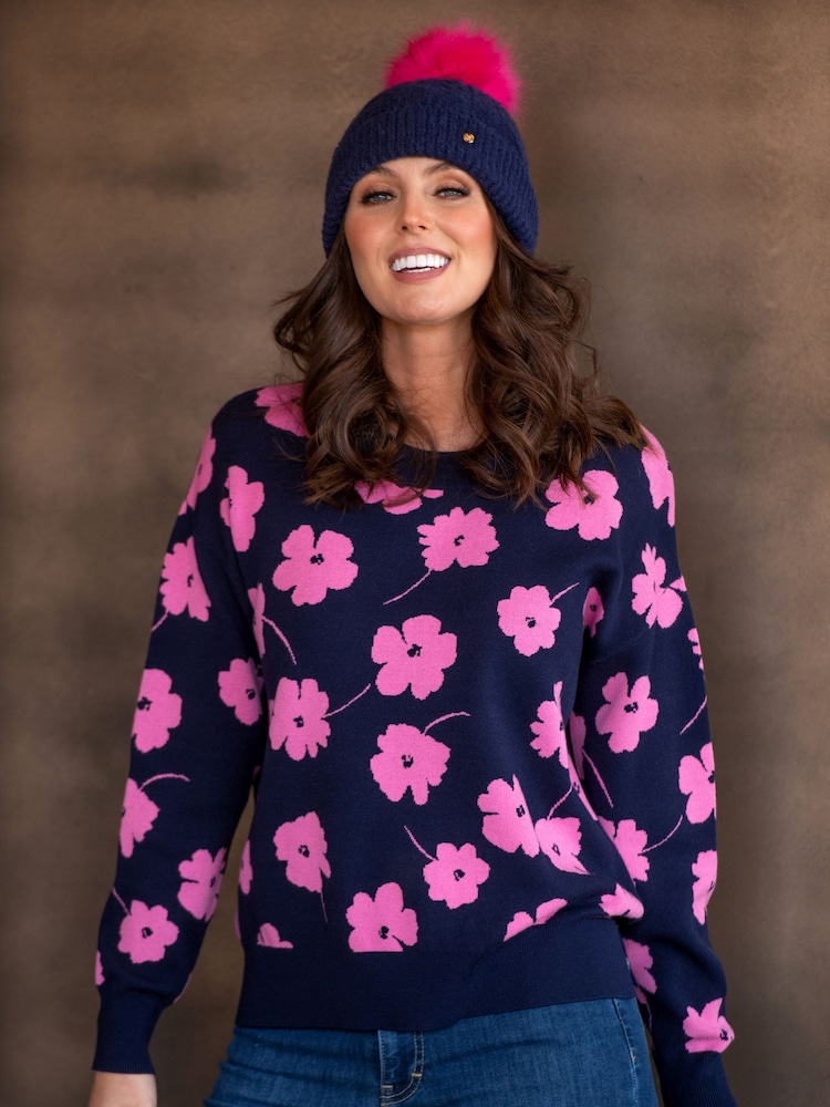 Marineblau/Rosa - Pour Moi Strickmütze mit Zopfmuster und Kontrastbommel - Bild 2 von 4