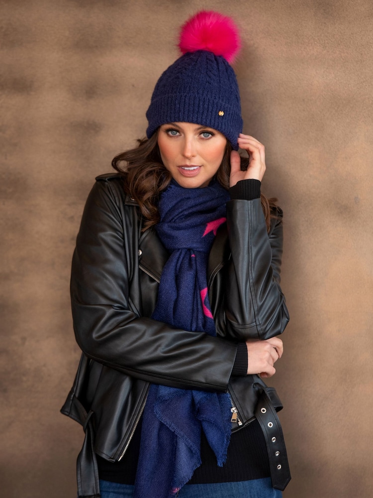 Pour Moi Navy/Pink Cable Knit Contrast Pom Beanie Hat - Image 3 of 4