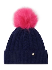Marineblau/Rosa - Pour Moi Strickmütze mit Zopfmuster und Kontrastbommel - Bild 4 von 4