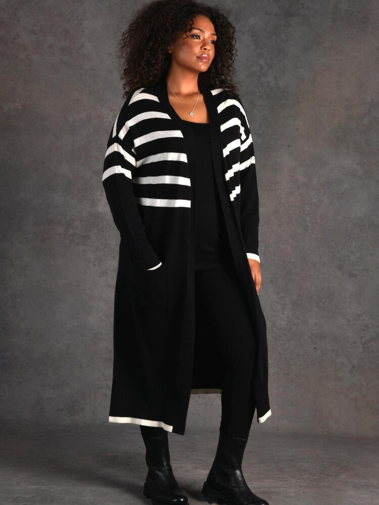 Live Unlimited Curve Black And Ivory Stripe Longline Cardigan - Image 1 of 7