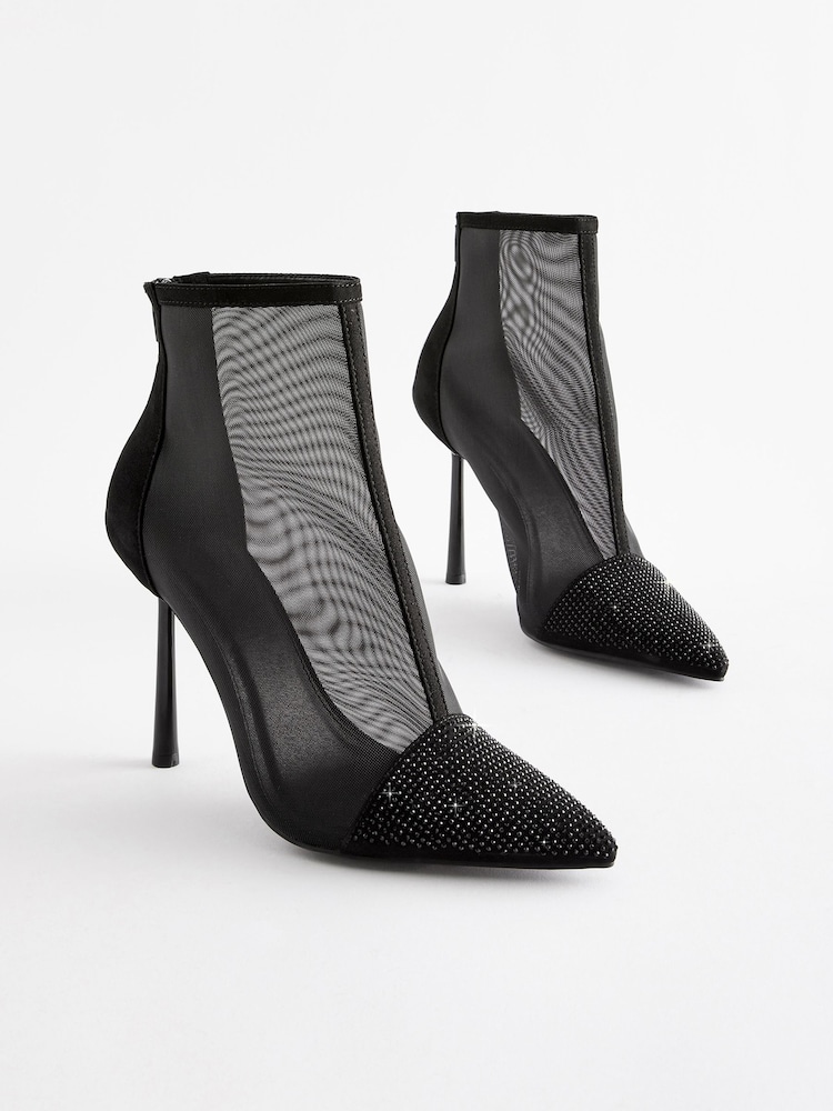 Black Bling Toe Ankle Mesh Boots - Image 1 of 5