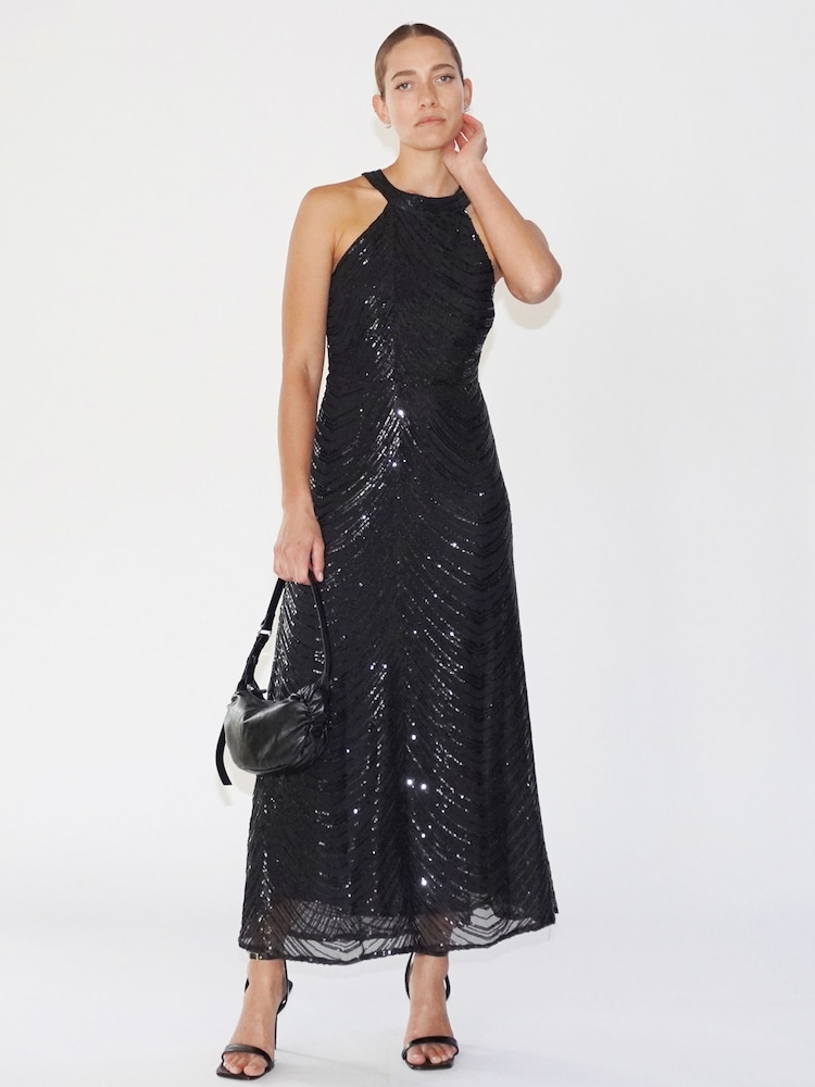 Schwarz - Religion Perlenbesticktes Midaxi-Kleid mit Neckholder und Paillettenbesatz - Bild 1 von 6 Schwarz - Religion Perlenbesticktes Midaxi-Kleid mit Neckholder und Paillettenbesatz - Bild 1 von 6