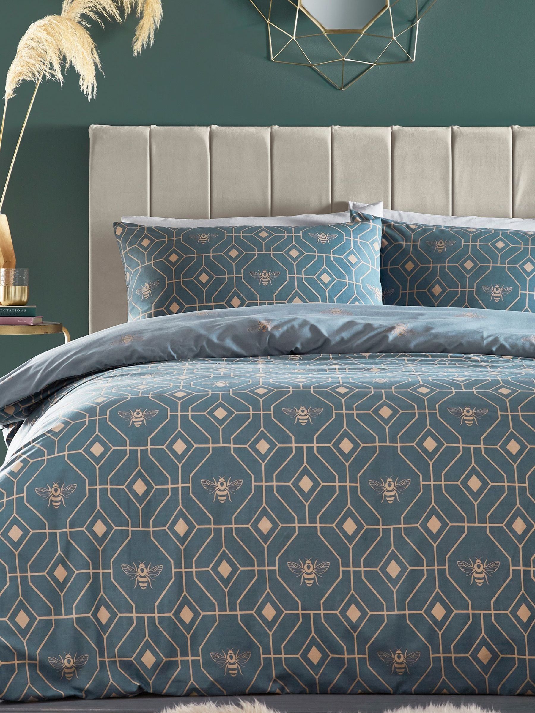 Furn. Carta Da Parati Geometrica Bee Deco Con Api E Foglia Oro, Colore Smeraldo, Rotolo 10,5m X 53cm - 4