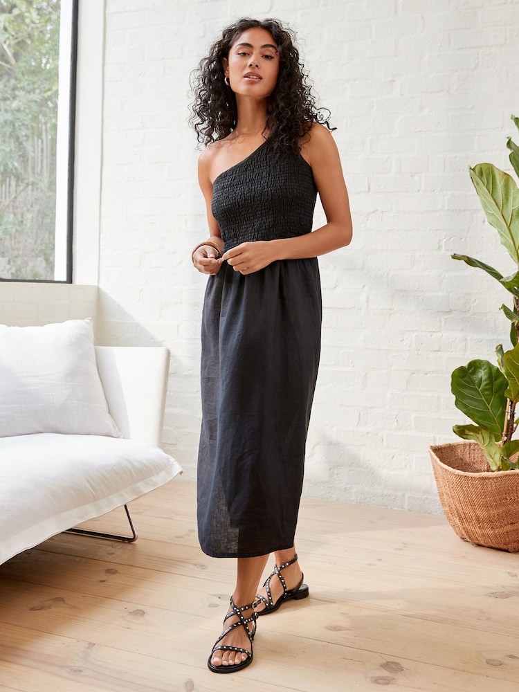 Black 100% Linen One Shoulder Midi Summer Dress - Image 1 of 6