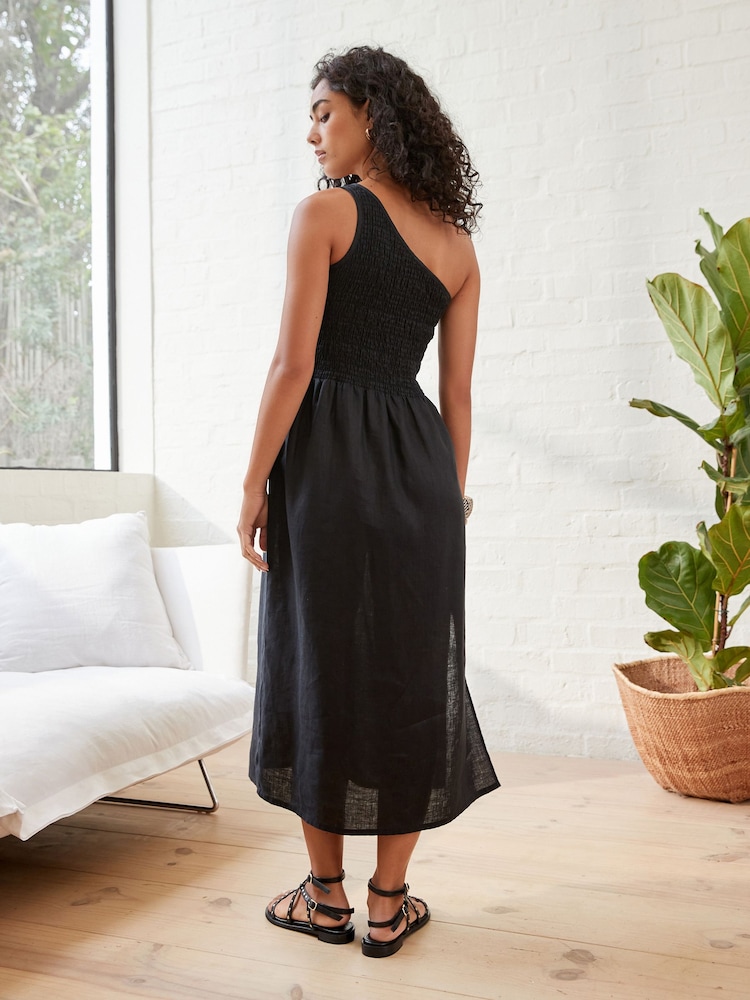 Black 100% Linen One Shoulder Midi Summer Dress - Image 2 of 6