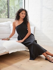 Black 100% Linen One Shoulder Midi Summer Dress - Image 3 of 6