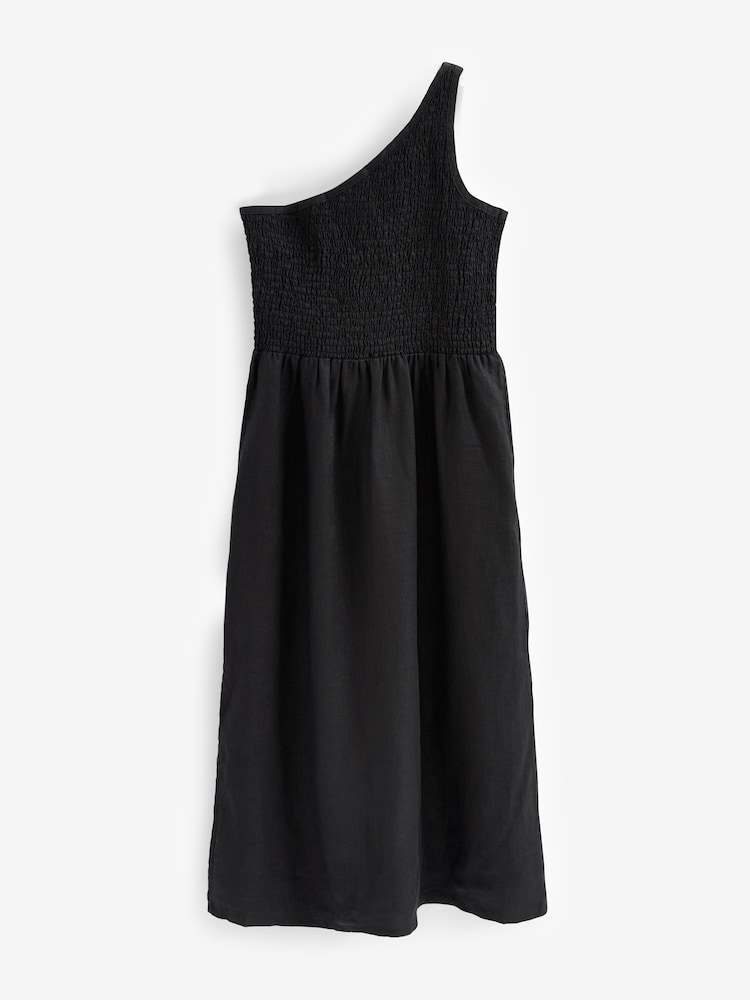 Black 100% Linen One Shoulder Midi Summer Dress - Image 6 of 6