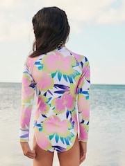 White/Pink Palm Panelled Long Sleeved Swimsuit (3-16yrs) - Image 1 of 6