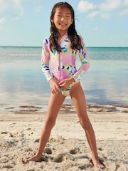 White/Pink Palm Panelled Long Sleeved Swimsuit (3-16yrs) - Image 2 of 6
