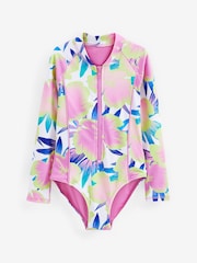 White/Pink Palm Panelled Long Sleeved Swimsuit (3-16yrs) - Image 4 of 6
