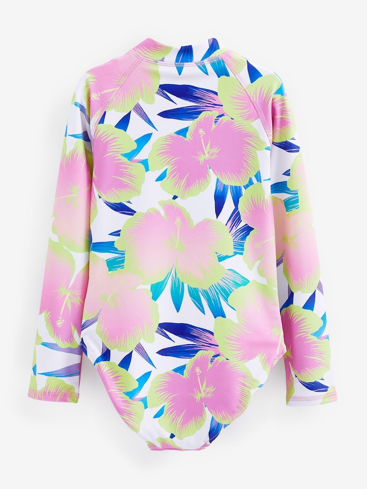 White/Pink Palm Panelled Long Sleeved Swimsuit (3-16yrs) - Image 6 of 6