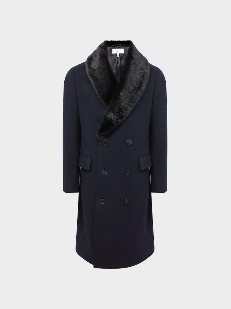 Reiss Navy Mandalay Double Breasted Faux Fur Shawl Collar Dinner Coat - Image 2 of 7