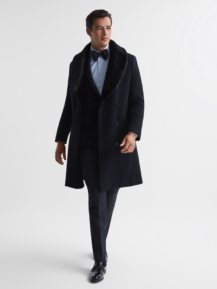 Reiss Navy Mandalay Double Breasted Faux Fur Shawl Collar Dinner Coat - Image 3 of 7