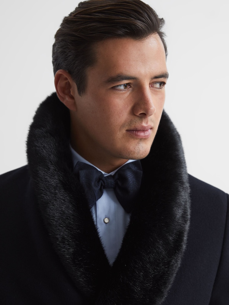 Reiss Navy Mandalay Double Breasted Faux Fur Shawl Collar Dinner Coat - Image 4 of 7