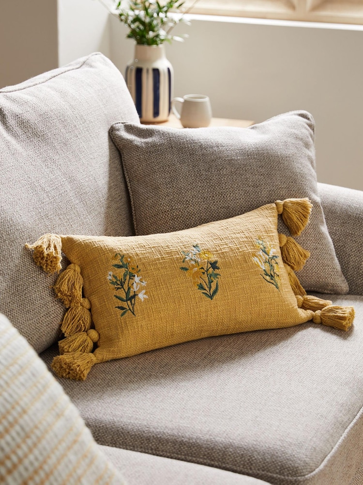 Ochre Yellow Textured Floral Embroidered Oblong Cushion - Image 1 of 4