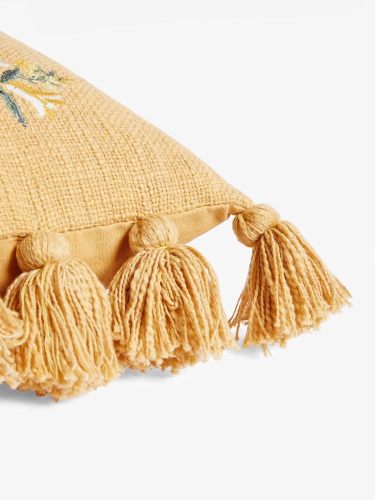 Ochre Yellow Textured Floral Embroidered Oblong Cushion - Image 2 of 4