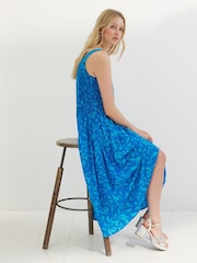 Oliver Bonas Blue Texture Print Strappy Midi Dress - Image 1 of 8