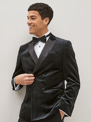 Black Double Breasted Slim Fit Velvet Blazer - Image 1 of 7