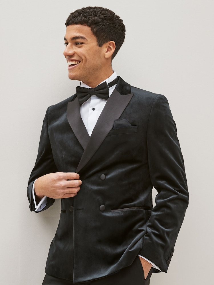 Black Double Breasted Slim Fit Velvet Blazer - Image 1 of 7