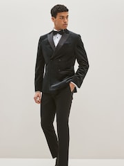 Black Double Breasted Slim Fit Velvet Blazer - Image 2 of 7