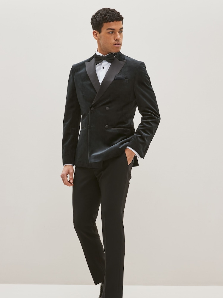 Black Double Breasted Slim Fit Velvet Blazer - Image 2 of 7
