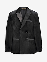 Black Double Breasted Slim Fit Velvet Blazer - Image 6 of 7