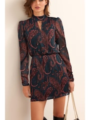 Green Paisley Print Cut-Out Chiffon Mini Dress - Image 1 of 5