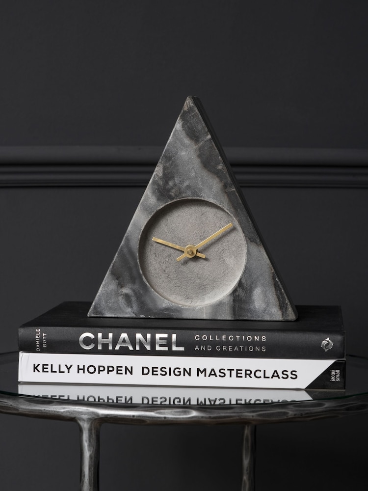 Libra Interiors Grey Marble Triangular Mantel Clock - Image 1 of 4