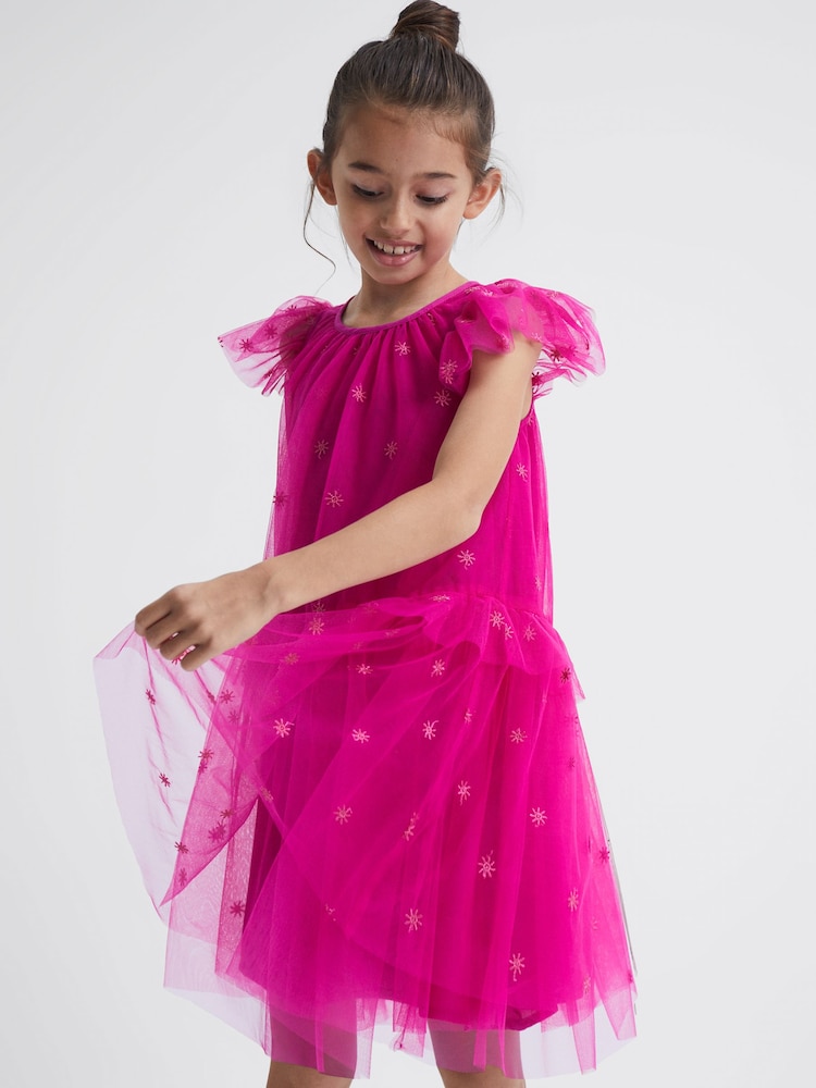 Reiss Bright Pink Fifi 9-12 yrs Tulle Embroidered Dress - Image 1 of 7