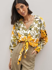 Orange & Green Floral Tie Front Collared Long Sleeve Shirt - Image 1 of 5
