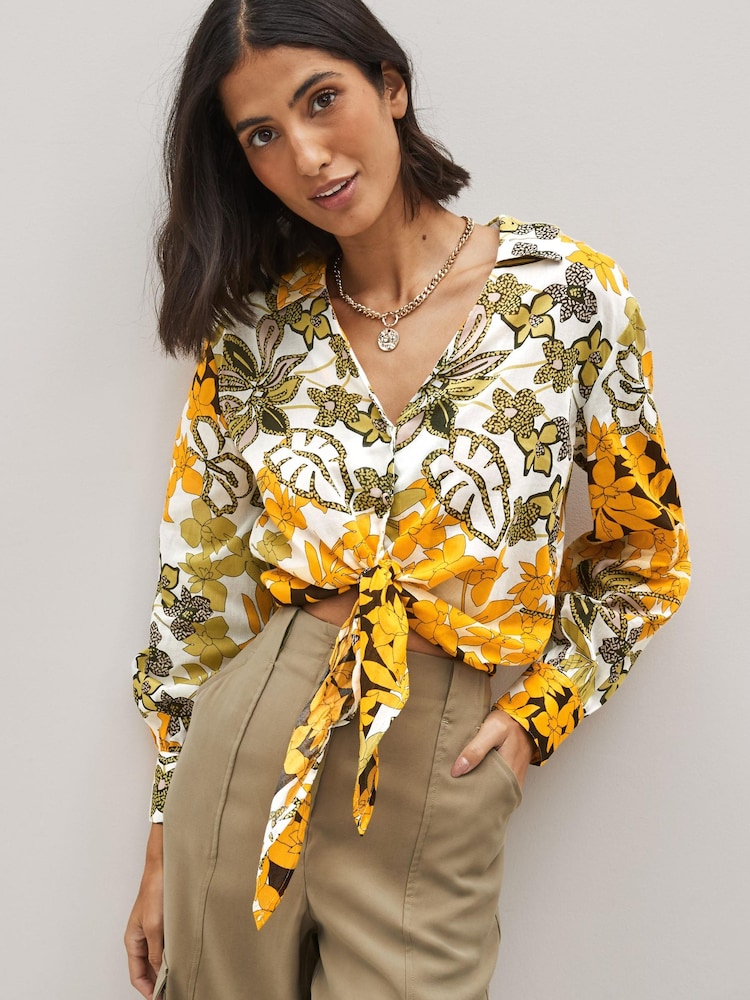 Orange & Green Floral Tie Front Collared Long Sleeve Shirt - Image 1 of 5