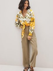 Orange & Green Floral Tie Front Collared Long Sleeve Shirt - Image 2 of 5